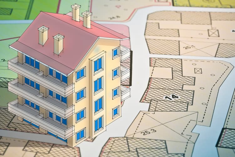 Pozwolenie na budowę na nieruchomości wspólnoty mieszkaniowej. Na zdjeciu: blok mieszkalny i plan zagospodarowania przestrzennego.